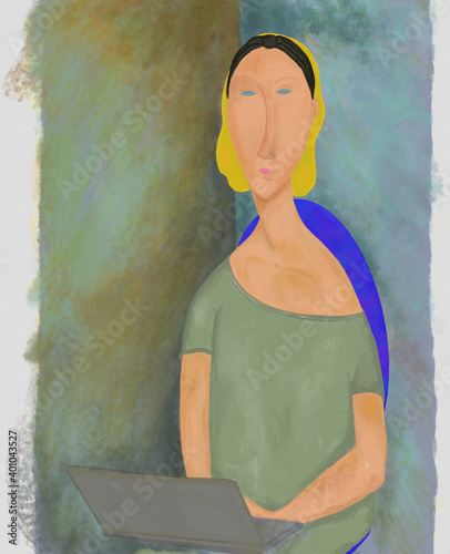 WOMAN WITH COMPUTER. Modigliani style oil painting of woman with computer photo