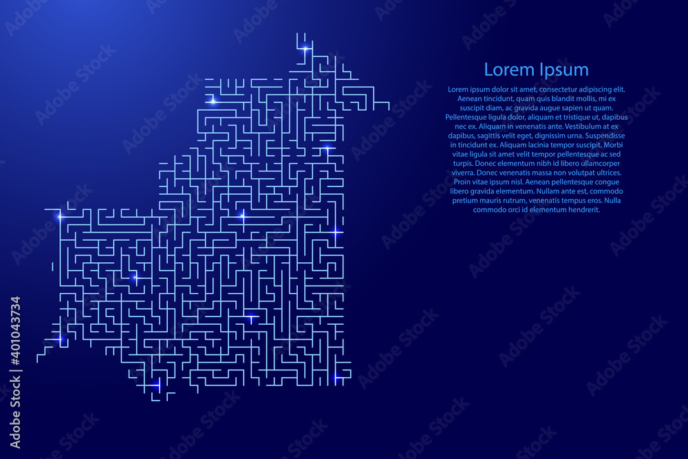 Mauritania map from blue pattern of the maze grid and glowing space stars grid. Vector illustration.