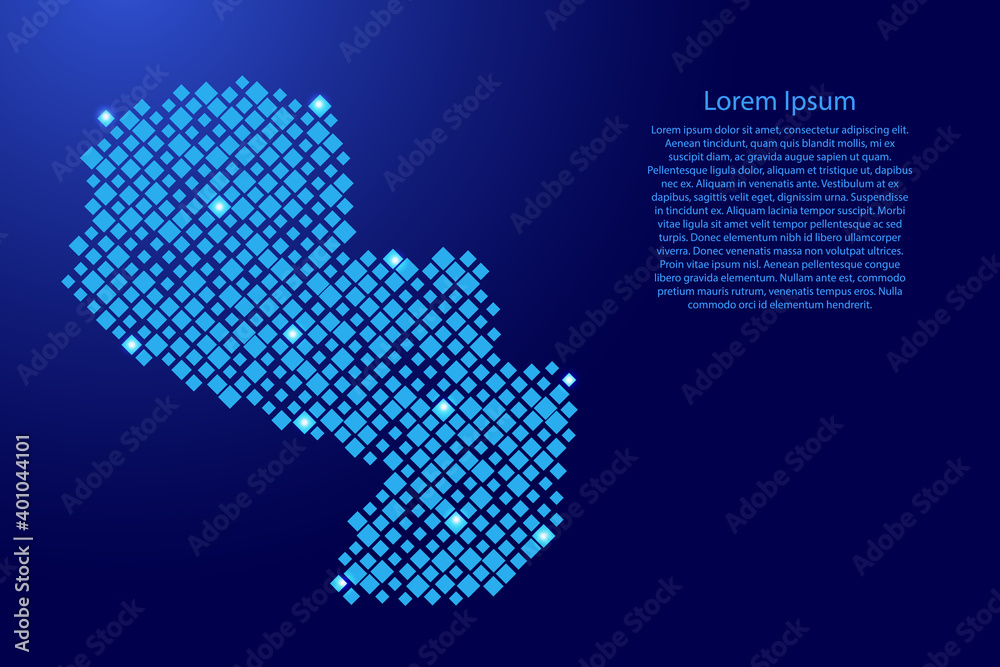Paraguay map from blue pattern rhombuses of different sizes and glowing space stars grid. Vector illustration. Paraguay map from blue pattern rhombuses of different sizes and glowing space stars grid. Vector illustration.