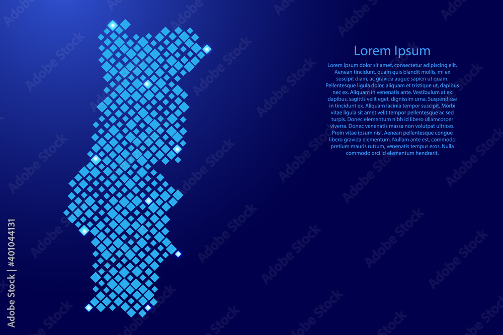 Portugal map from blue pattern rhombuses of different sizes and glowing space stars grid. Vector illustration.