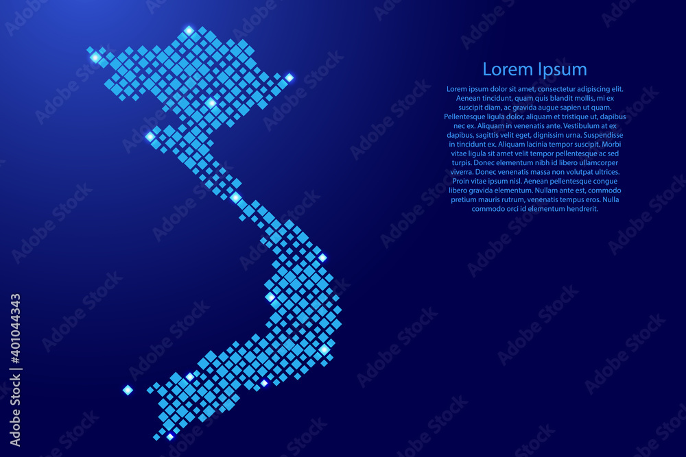 Vietnam map from blue pattern rhombuses of different sizes and glowing space stars grid. Vector illustration.