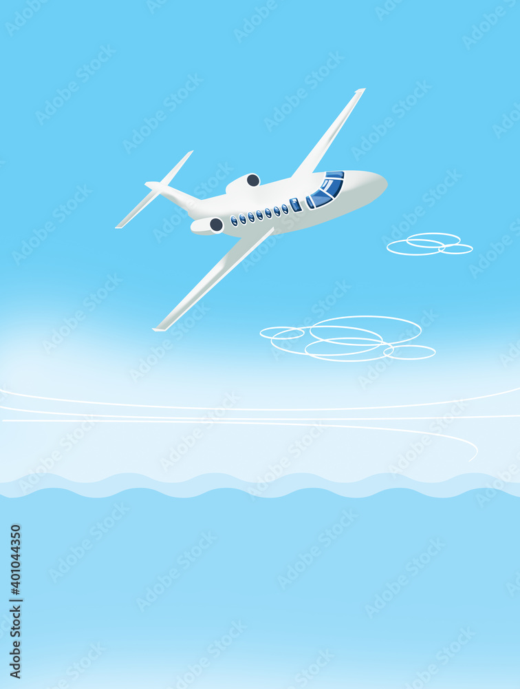 Lovely white airliner plane in a bend against the blue sky above the blue waves. Dreams. Illustration