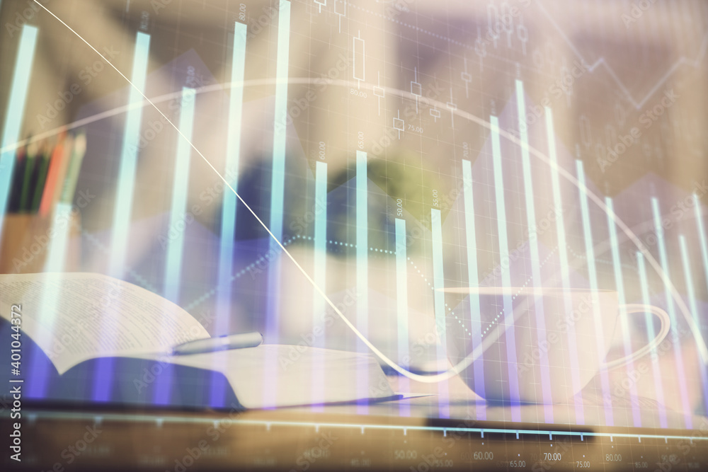 Multi exposure of forex graph drawing and desktop with coffee and items on table background. Concept of financial market trading Multi exposure of forex graph drawing and desktop with coffee and items on table background. Concept of financial market trading