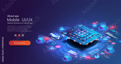 Futuristic microchip processor with lights on the blue background. Quantum computer, large data processing, database concept. Future technology development CPU and microprocessors for machine learnin