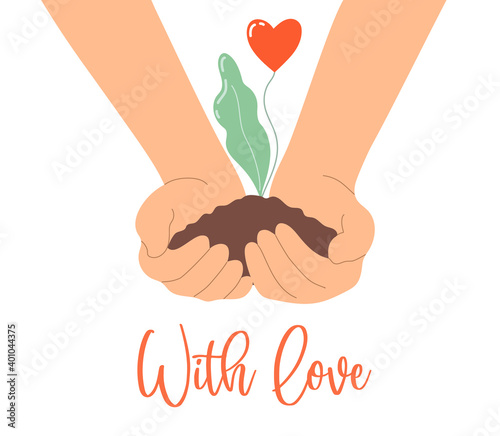 Hands hold plant of love color illustration. Vector plant grows with heart shape flower on white background. Concept for love, charity, help, supporting, work of volunteers, ecology. Valentine's day