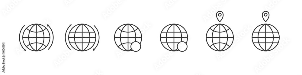 Globe icons. World international earth globe icon set. Linear style. Vector illustration Globe icons. World international earth globe icon set. Linear style. Vector illustration