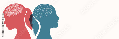 Metaphor bipolar disorder mind mental. Double face.Split personality. Concept mood disorder.2 Head female silhouette. Psychology. Dual personality concept.Mental health.Untangle and brain