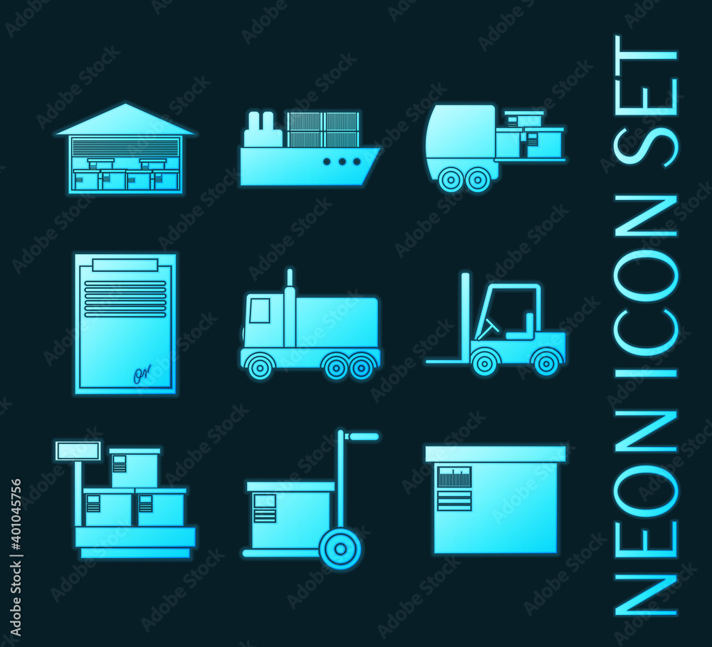 Set of glowing neon style delivery icons Set of glowing neon style delivery icons
