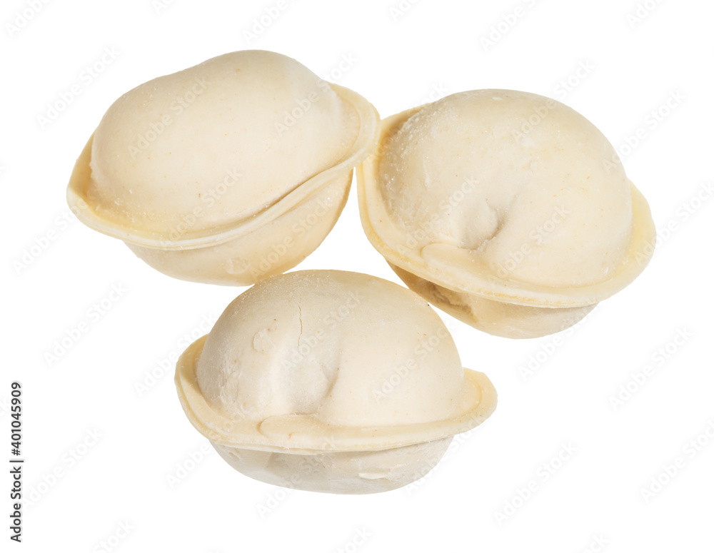 three frozen Pelmeni (russian dumplings filled with minced meat) close up isolated on white background three frozen Pelmeni (russian dumplings filled with minced meat) close up isolated on white background