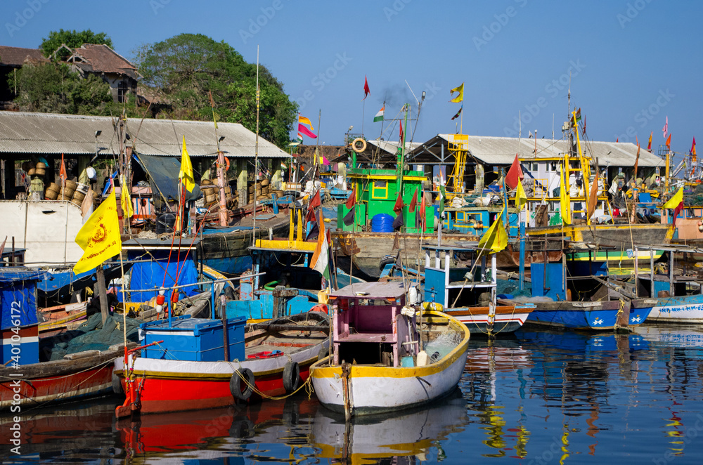 colourful boats in Sassoon Docks in India