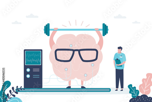 Male doctor monitors brain training. Brain raises heavy weight bar. Concept of healthcare, medicine and improvement of skills