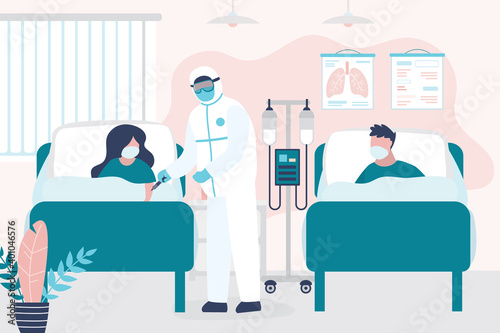Sick people lies in bed at hospital. Room in clinic. Medical staff in protective uniform and infected patients.