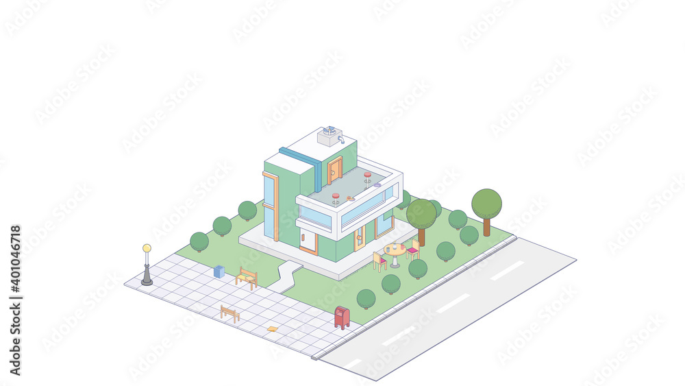 Suburbian buildings isometric compositions set with residential yards landscapes vector illustration