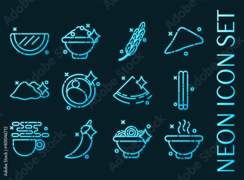 Indian food set icons. Blue glowing neon style
