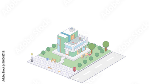 Suburbian buildings isometric compositions set with residential yards landscapes vector illustration