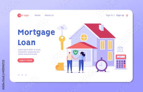 Mortgage Loan. Family Buying House with Bank Credit and Calculating Mortgage Rates. Concept of Mortgage Payment, Real Estate Property, Home for Sale. Vector illustration for Web Design, Landing Page