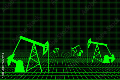 Black and Green Oil Rocking Chair. Silhouette of Pump Oil Rig Isolated on Black Background. Raster. 3D Illustration