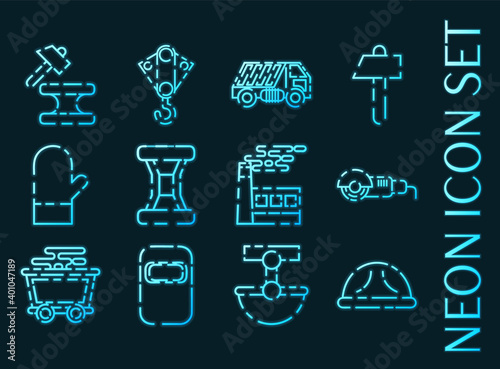 Metallurgy set icons. Blue glowing neon style.