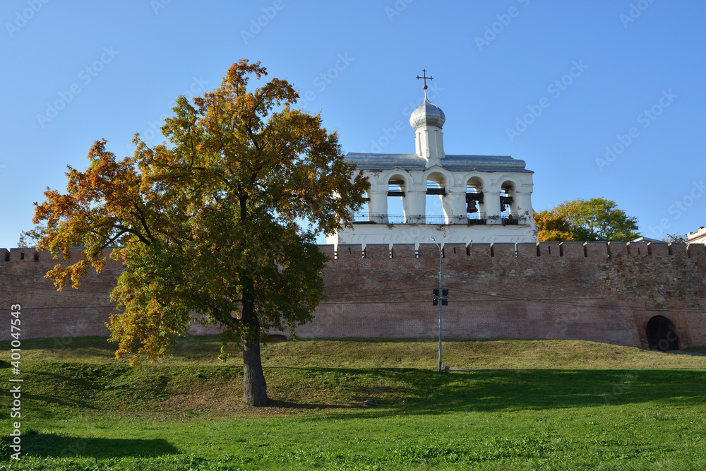Veliky Novgorod. Russia. Belfry of the Noovgorod Kremlin. Autumn view