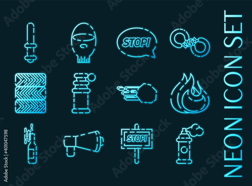 Protest set icons. Blue glowing neon style.