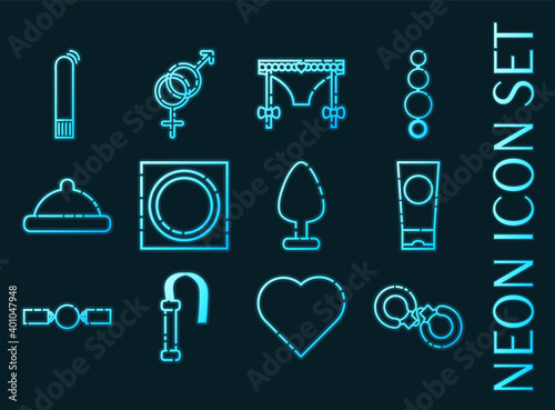 Sex shop set icons. Blue glowing neon style.