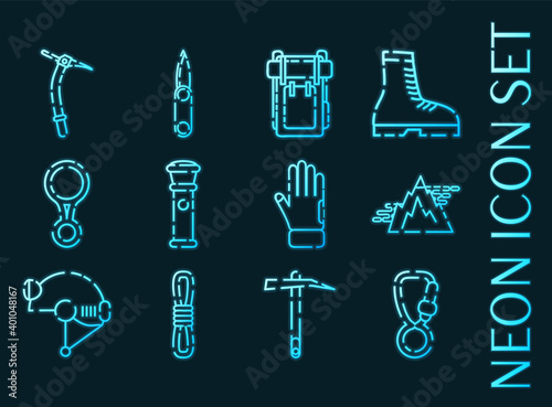 Speleologist set icons. Blue glowing neon style
