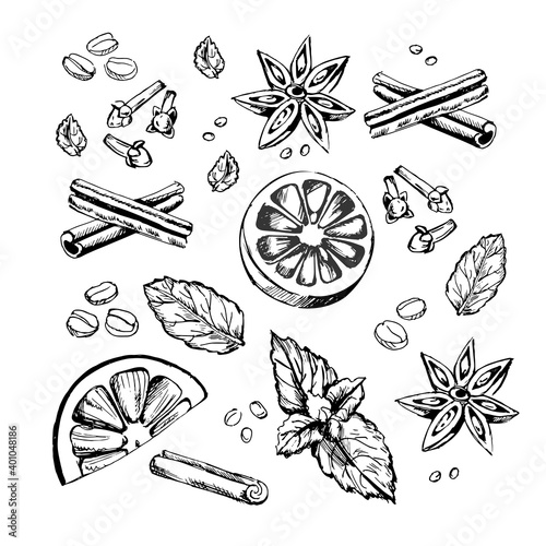 A set of ingredients for mulled wine and coffee beans. Star anise, cinnamon, cloves, orange, mint and coffee beans.