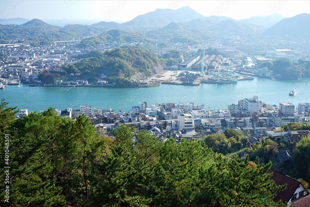 Landscape of Onomichi city with small alleys and temples in Hiroshima, Japan