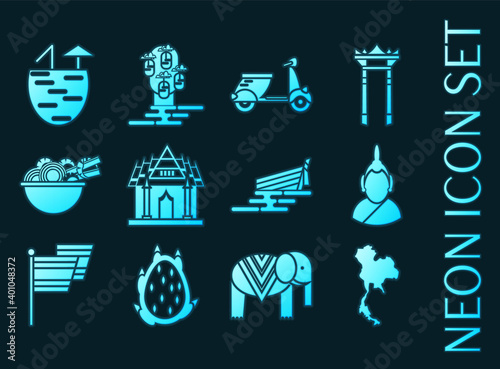 Thailand set icons. Blue glowing neon style.