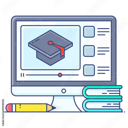 
Online education flat outline vector, mortarboard board inside monitor 

