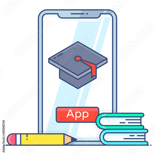 
Mobile educational app icon in flat outline design, mortarboard inside smartphone 
