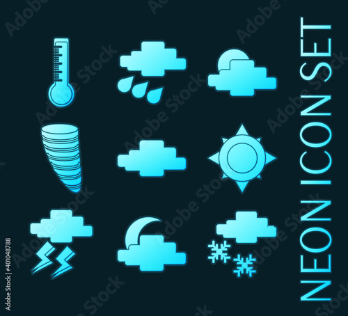Set of Weather blue glowing neon icons.