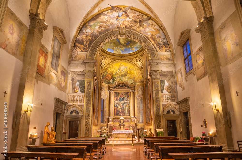 BOLOGNA, ITALY - FEBRUARY 3, 2020: The nave of church San Michele in Bosco with the frescoes by Domenico Maria Canuti (1625 - 1684).
