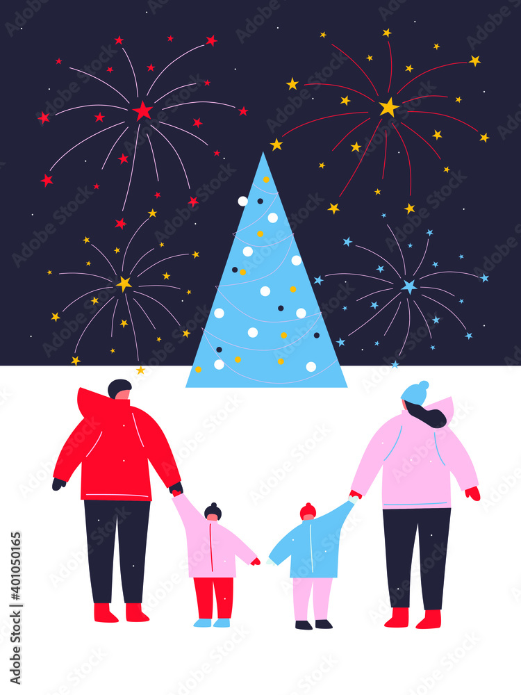 Happy family at the New Year's skating rink. Vector flat design illustration. Family values cartoon style. Snow and fireworks in the background. Christmas banner illustration. Christmas tree art.