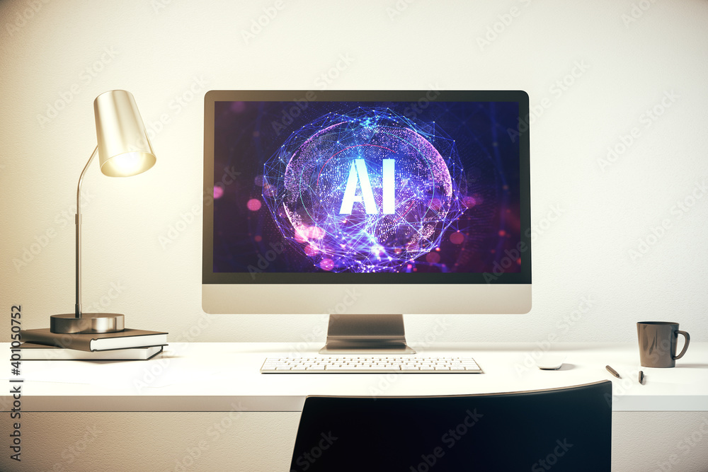 Creative artificial Intelligence symbol concept on modern computer monitor. 3D Rendering Creative artificial Intelligence symbol concept on modern computer monitor. 3D Rendering