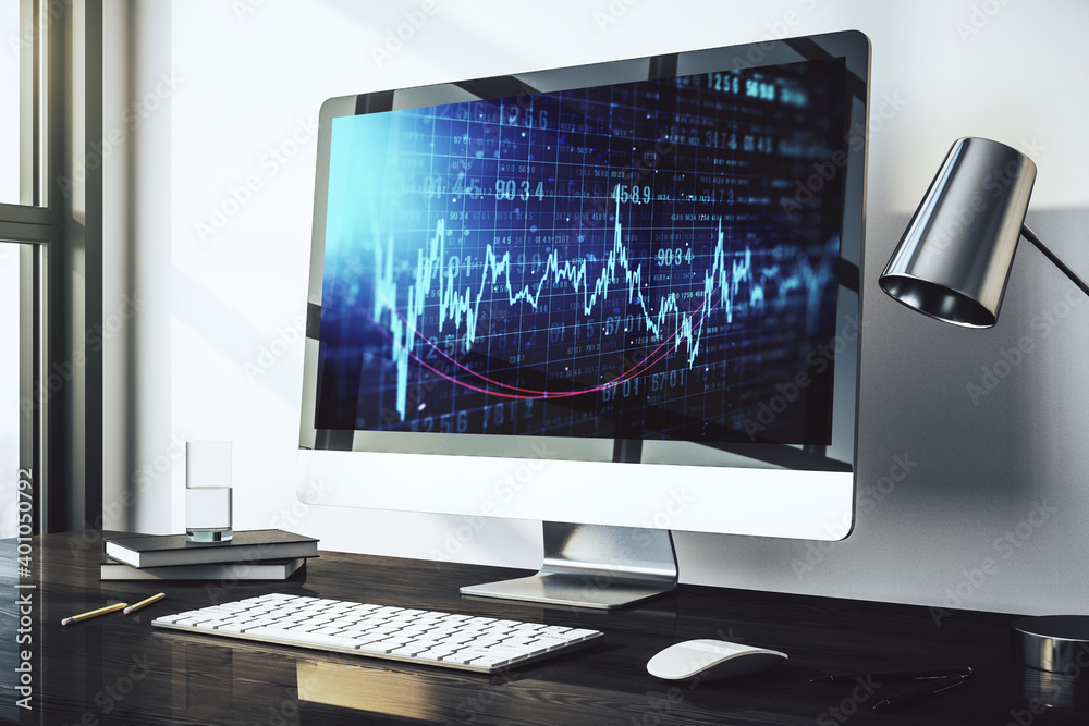Abstract creative financial graph on modern laptop monitor, forex and investment concept. 3D Rendering Abstract creative financial graph on modern laptop monitor, forex and investment concept. 3D Rendering