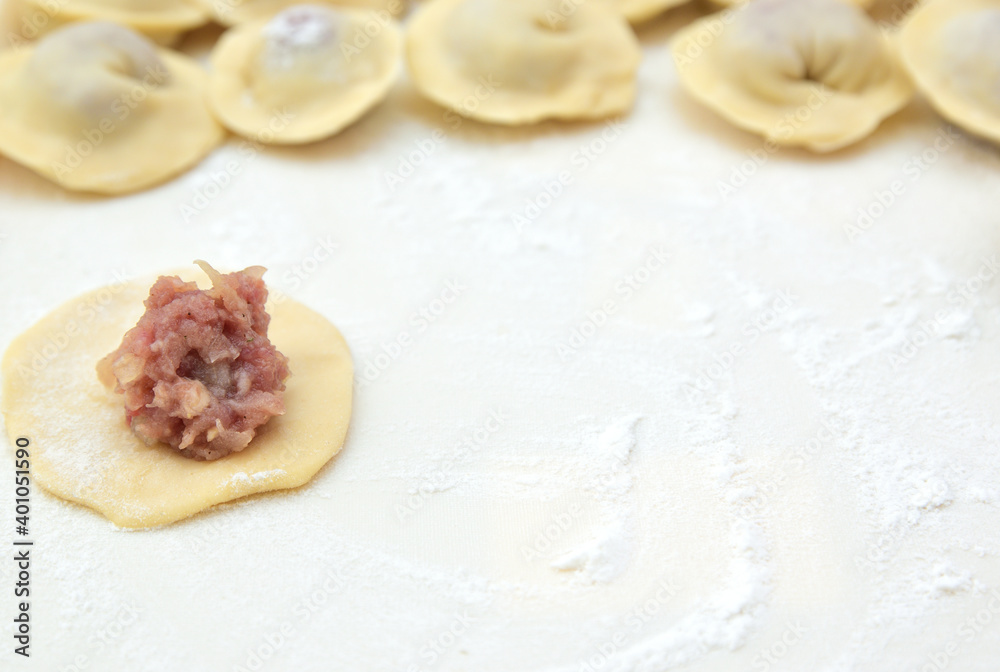 Lump of minced meat laid out on a dough pancake and ready to roll the dumpling