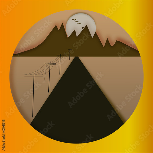 Illustration road and telegraph poles and broken wires in perspective to mountains on sunset with birds and alpinist in sepia imitating paper application