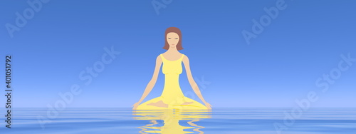 Young woman meditating peacefully upon water by blue day - 3D render