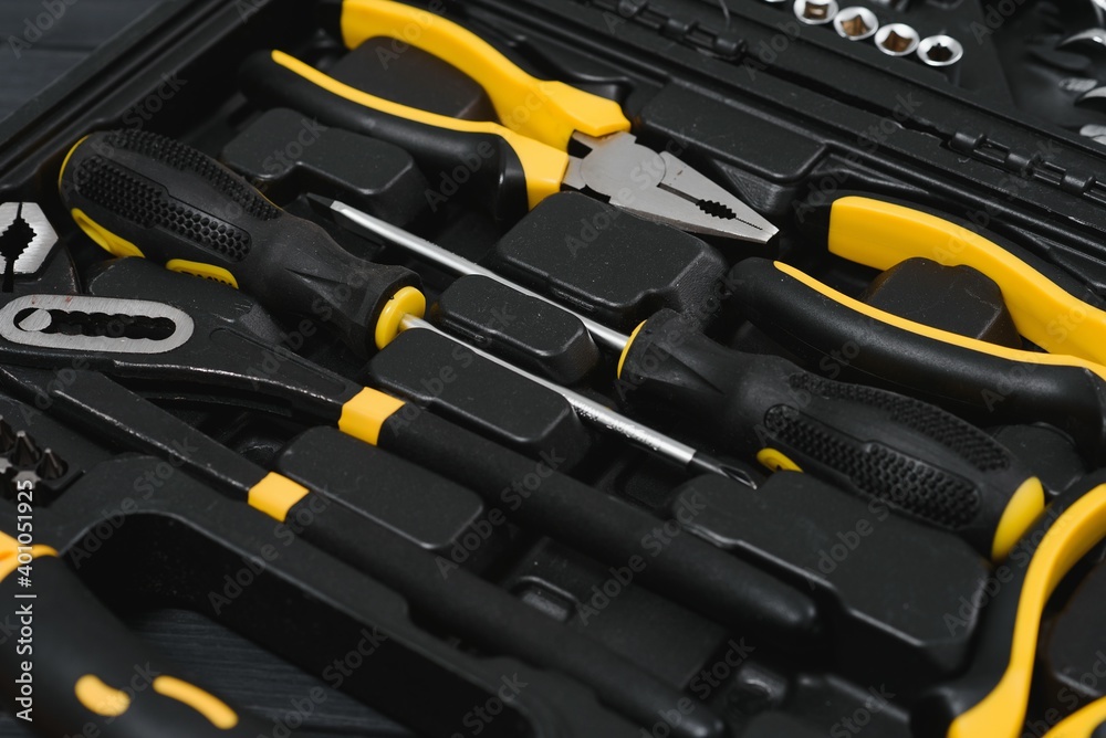 Fototapeta premium Box with set of tools for car repair, closeup