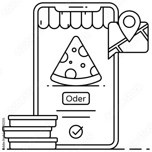 Online pizza flat outline icon, online ordering application 