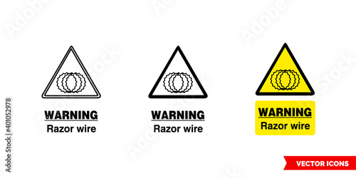 Site security sign warning razor wire icon of 3 types color, black and white, outline. Isolated vector sign symbol.