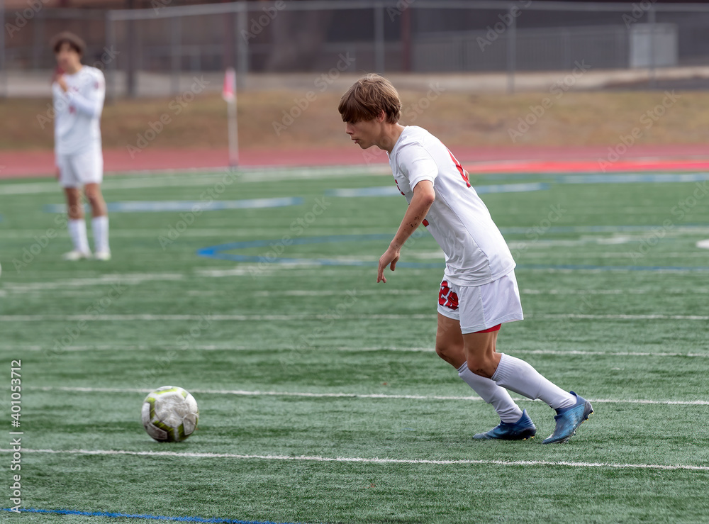 Young athletic boy making exciting plays during a soccer game