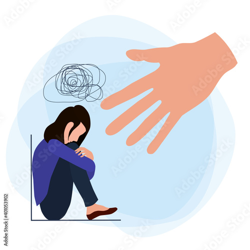 Woman is depressed with confused thoughts in her head. Helping hand. A young sad girl sits in the corner and hugs her knees unhappily.