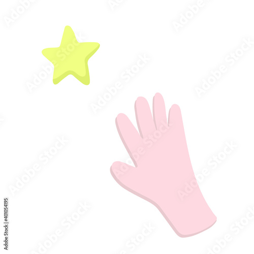 Vector illustration with a hand reaching for a star in the sky. Isolated print, illustration, cartoon hand drawn style poster. A hand pulls out a shining star from the sky. Рurposefulness, love