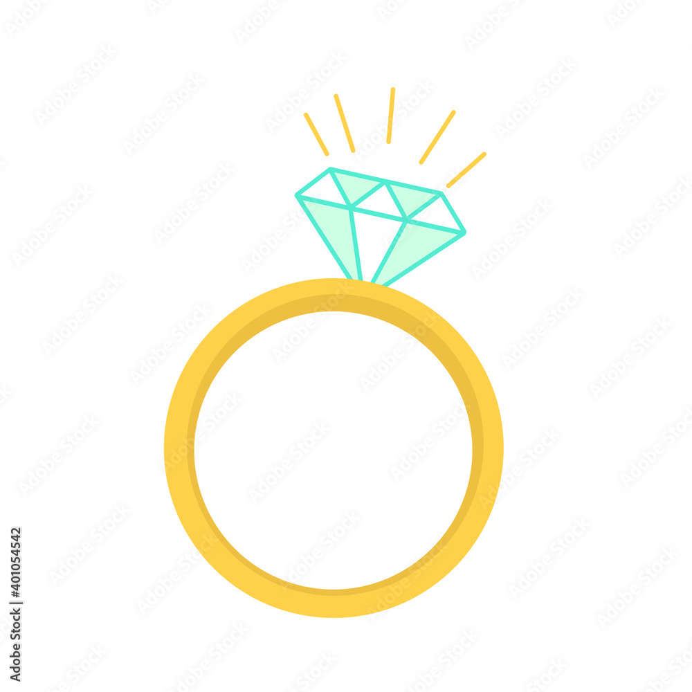 Vector ring with shining diamond. Gold wedding ring. Lovers' engagement.  Ring in cartoon style. Ring with