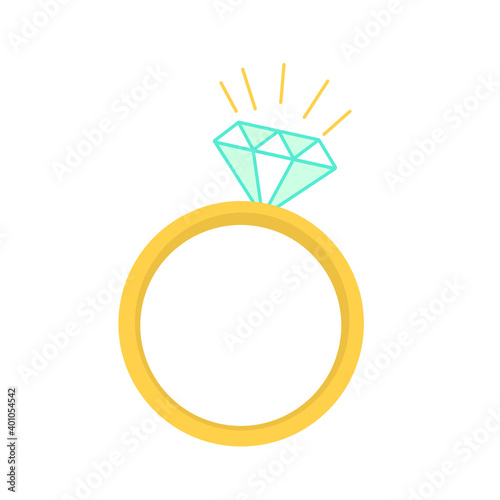 Vector ring with shining diamond. Gold wedding ring. Lovers' engagement. Ring in cartoon style. Ring with a large gem. A symbol of loyalty and love of a husband and wife. Yellow gold. Valentine's day