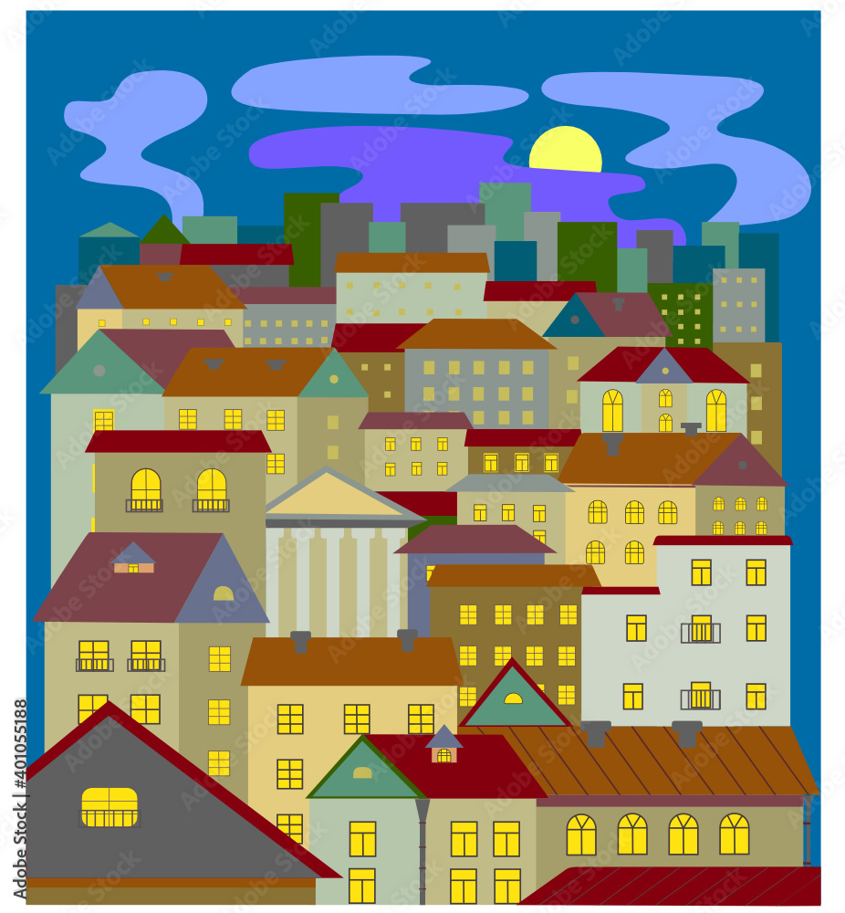Naklejka premium Vector illustration of a night city. Poster, background blue, bright houses in a minimalist style. Design for printing products, textiles, interiors.