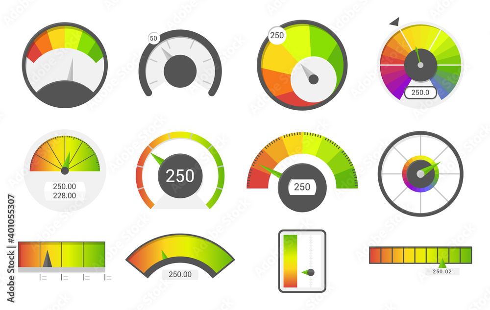 Speedometer icons. Credit score indicators. Speedometer goods gauge