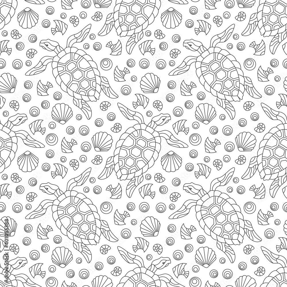 Seamless pattern with geometric outline turtles and seashells, dark contour animals on a white background Seamless pattern with geometric outline turtles and seashells, dark contour animals on a white background